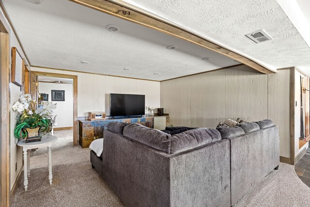 11 Wilson Butte Rd, Great Falls, MT 59405 - carpeted living room with wooden walls, a textured ceiling, and baseboards
