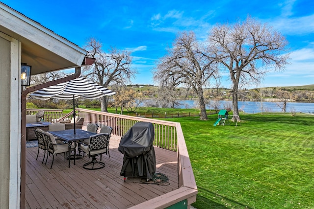 11 Wilson Butte Rd, Great Falls, MT 59405 - wooden terrace featuring outdoor dining area and a water view