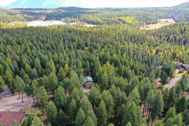 bird's eye view with a wooded view and a water and mountain view
