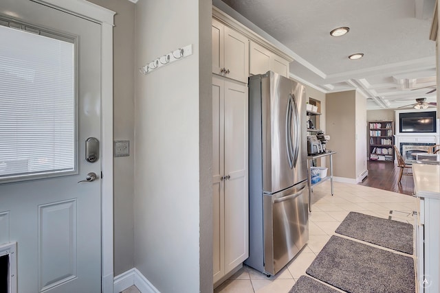kitchen featuring freestanding refrigerator, light tile patterned flooring, ceiling fan, and recessed lighting