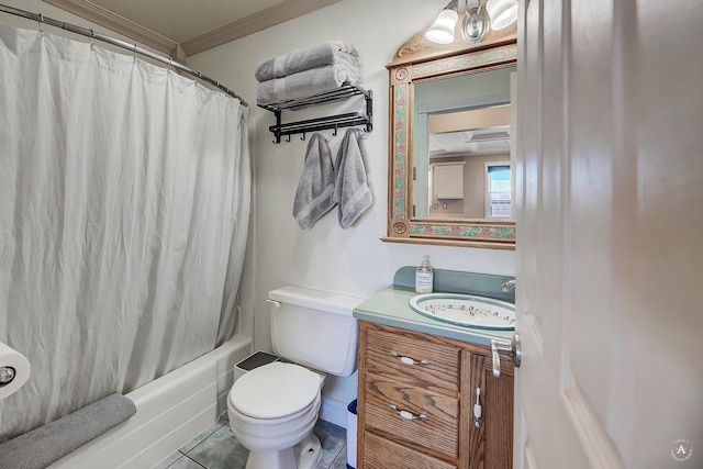 bathroom with vanity, tile patterned floors, toilet, ornamental molding, and shower / bath combo with shower curtain