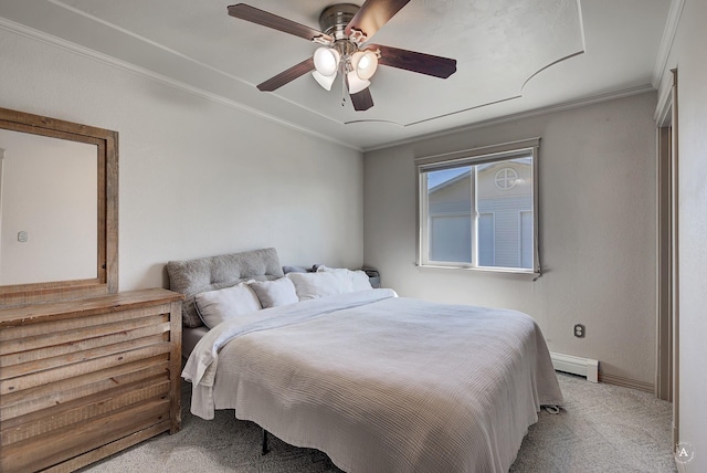 bedroom featuring crown molding, light carpet, baseboards, baseboard heating, and a ceiling fan