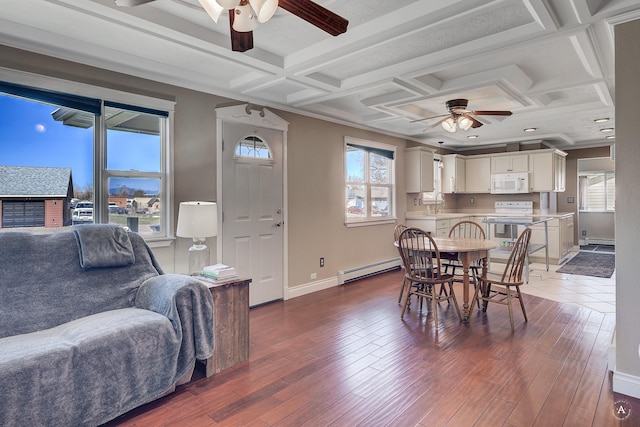 dining space featuring coffered ceiling, baseboards, baseboard heating, and a ceiling fan