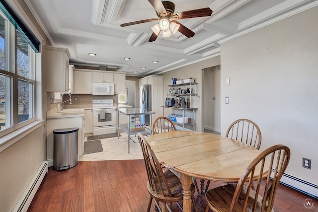 dining space with a ceiling fan, coffered ceiling, light wood-style flooring, and a baseboard radiator