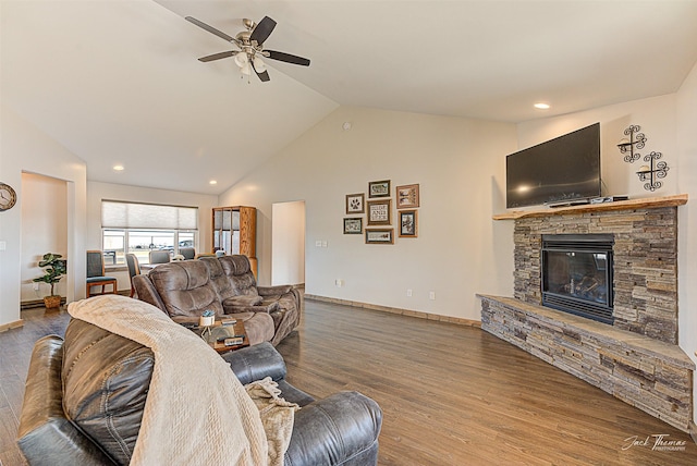 3875 Saint Marys Rd, East Helena, MT 59635 - living area with a ceiling fan, a fireplace, wood finished floors, and high vaulted ceiling
