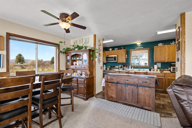 kitchen featuring light countertops, a ceiling fan, stainless steel microwave, and a wealth of natural light