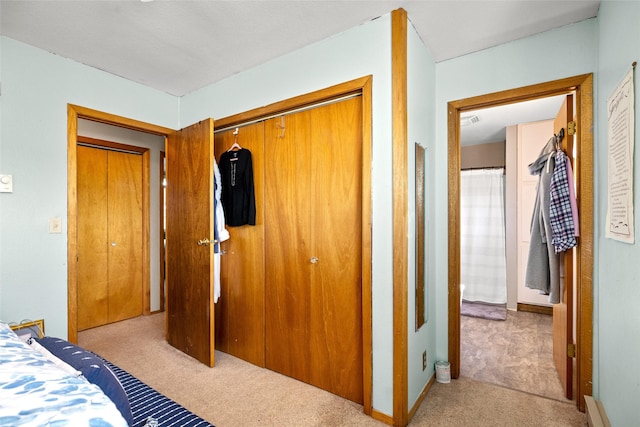bedroom featuring light colored carpet and a closet