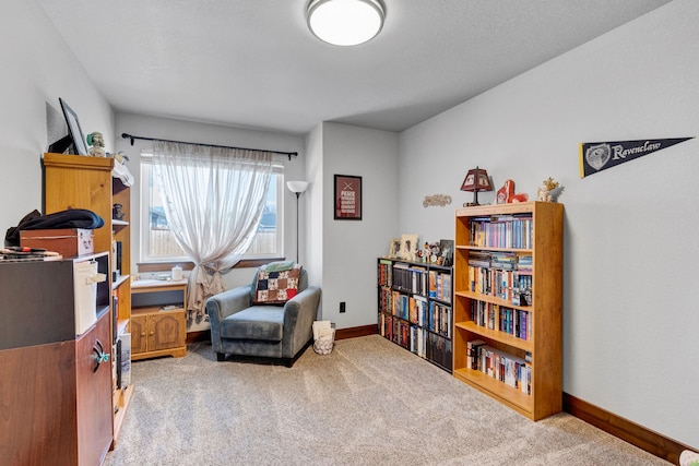 sitting room with baseboards and carpet flooring