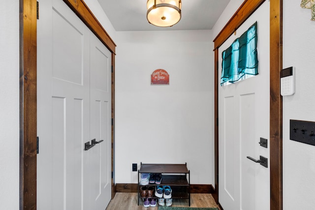 doorway featuring baseboards and wood finished floors