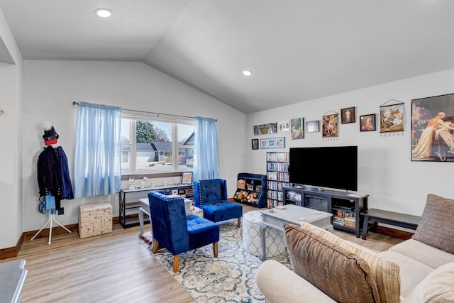 living room with wood finished floors, recessed lighting, baseboards, and lofted ceiling