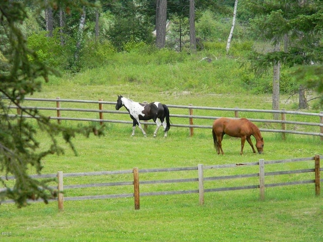 view of horse barn with a rural view