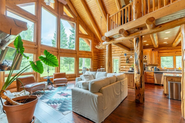 living room featuring beamed ceiling, wooden ceiling, log walls, and dark wood-type flooring