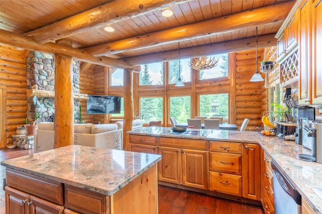 kitchen with wood ceiling, stainless steel dishwasher, a peninsula, dark wood-style floors, and log walls