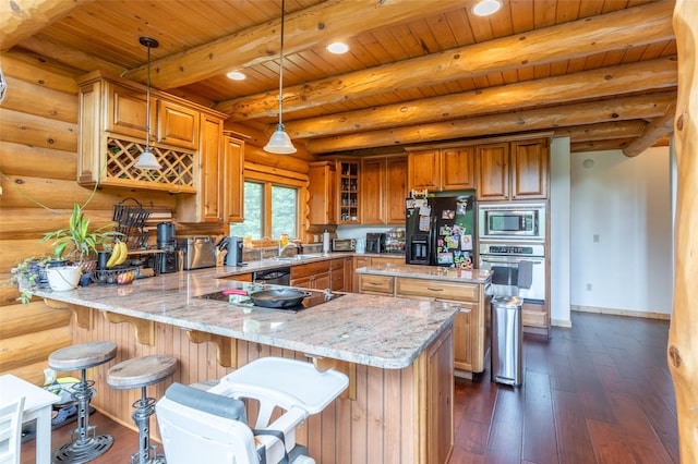 kitchen featuring brown cabinetry, log walls, light stone countertops, wooden ceiling, and black appliances