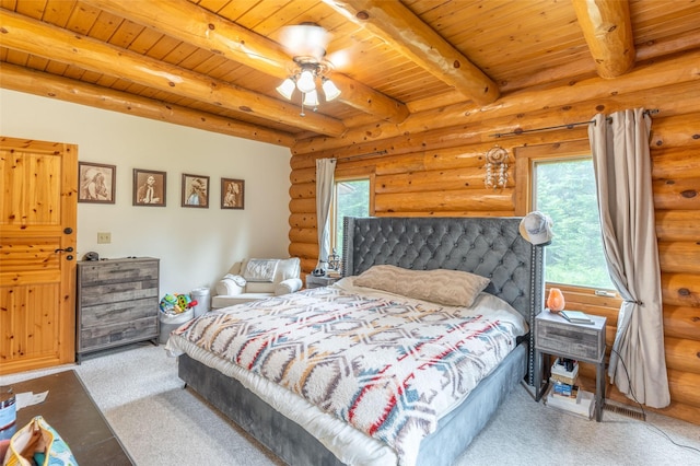 carpeted bedroom featuring log walls, wooden ceiling, and beam ceiling