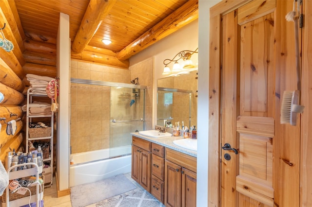 full bath with a sink, double vanity, tile patterned floors, enclosed tub / shower combo, and wooden ceiling