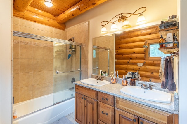 bathroom with double vanity, a sink, wood ceiling, and rustic walls