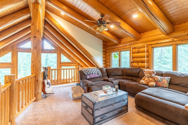 living area with carpet flooring, ceiling fan, beam ceiling, wooden ceiling, and log walls
