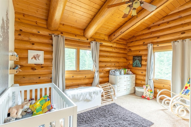 carpeted bedroom featuring rustic walls, wooden ceiling, and beamed ceiling