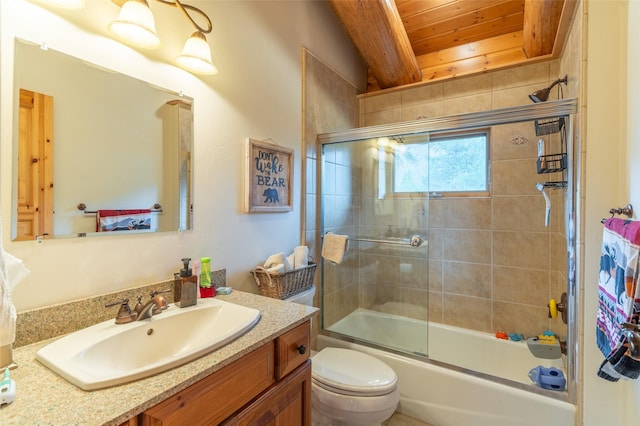 full bath with wooden ceiling, bath / shower combo with glass door, beamed ceiling, vanity, and toilet