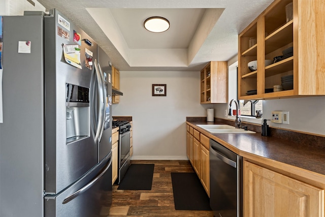 9225 Sharptail Dr, Missoula, MT 59808 - kitchen with stainless steel appliances, a sink, a raised ceiling, dark wood-type flooring, and dark countertops