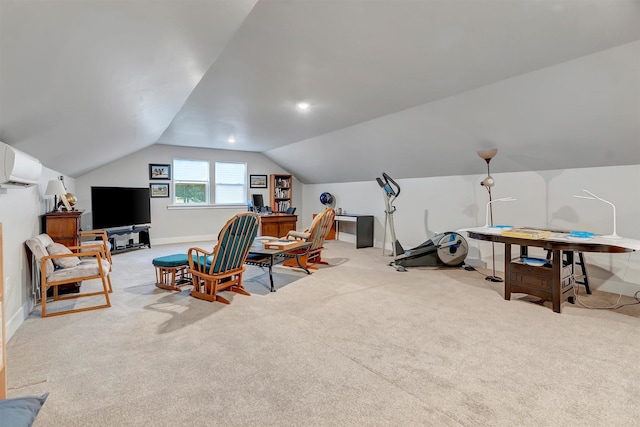office area with baseboards, carpet flooring, and lofted ceiling