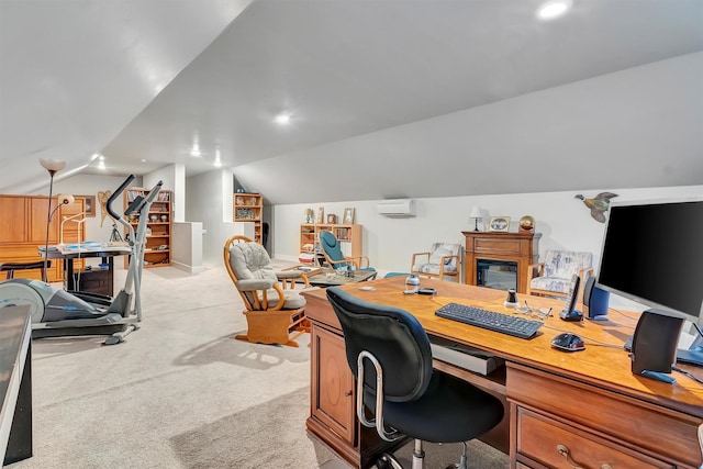 office area with carpet floors, a wall unit AC, and lofted ceiling