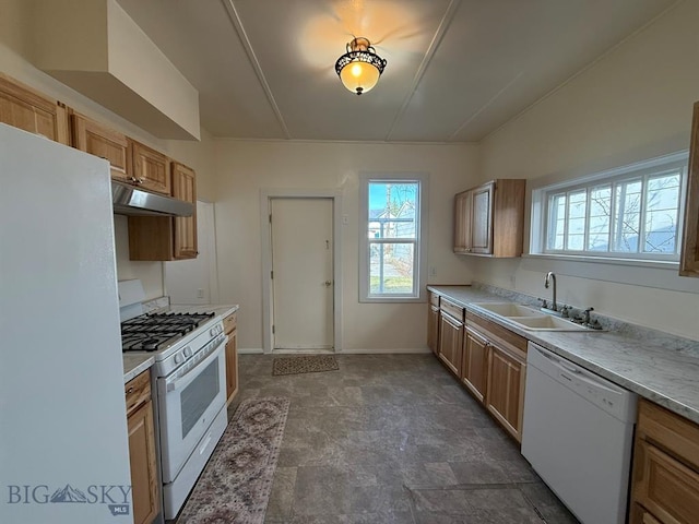 kitchen with white appliances, under cabinet range hood, a sink, and light countertops