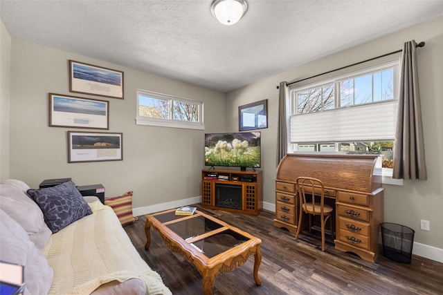 living room with baseboards, a textured ceiling, and wood finished floors