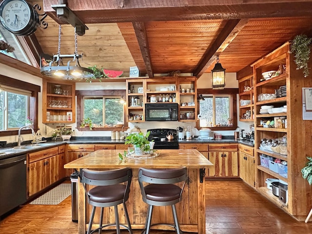 kitchen featuring open shelves, beam ceiling, a sink, wooden ceiling, and black appliances