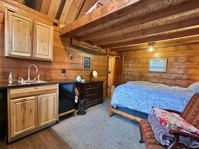 bedroom featuring a sink, wood ceiling, beam ceiling, and wood walls