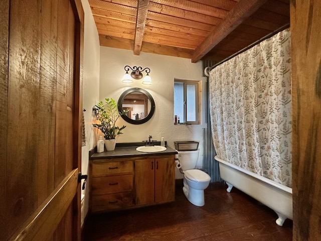 full bathroom featuring wood ceiling, beam ceiling, wood finished floors, vanity, and toilet