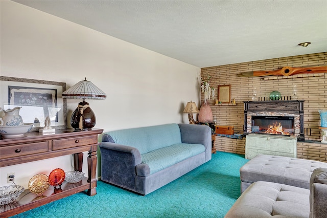 carpeted living room with a fireplace