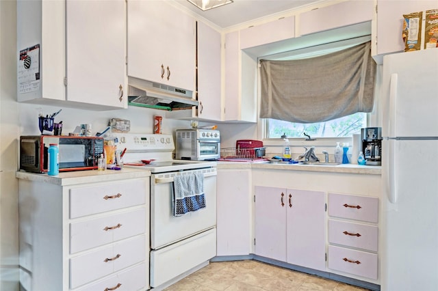 kitchen featuring light countertops, a sink, white cabinets, under cabinet range hood, and white appliances