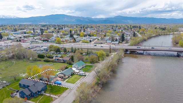 birds eye view of property featuring a water and mountain view