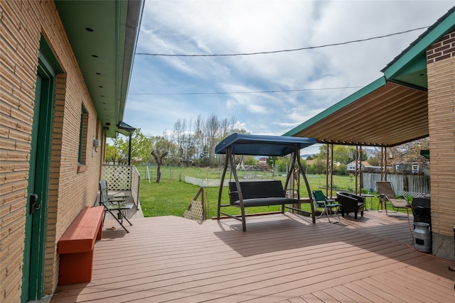 deck featuring a fenced backyard and a lawn