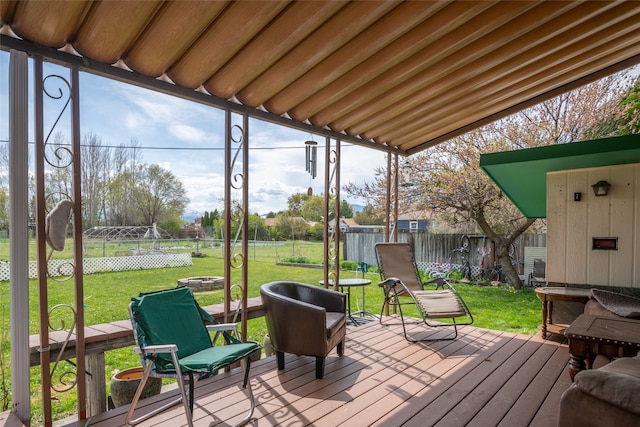 wooden terrace featuring a yard, a fenced backyard, and an outdoor fire pit
