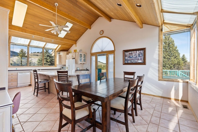 dining room with a ceiling fan, wooden ceiling, vaulted ceiling with beams, light tile patterned floors, and visible vents