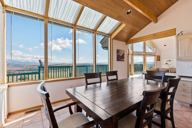 dining room with baseboards, wooden ceiling, vaulted ceiling with beams, light tile patterned floors, and visible vents