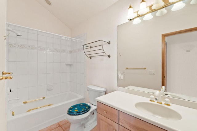 full bathroom with tile patterned flooring, vanity, bathing tub / shower combination, toilet, and vaulted ceiling