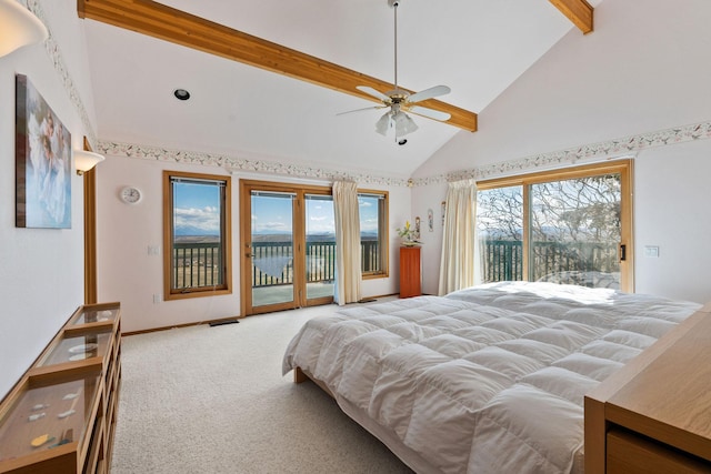 carpeted bedroom with access to outside, baseboards, high vaulted ceiling, and beamed ceiling