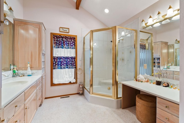 bathroom with visible vents, vanity, baseboards, vaulted ceiling with beams, and a stall shower