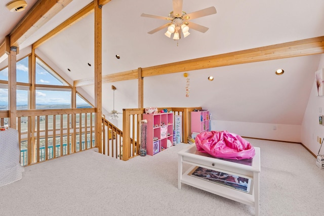playroom with lofted ceiling with beams, carpet floors, a ceiling fan, recessed lighting, and a water view