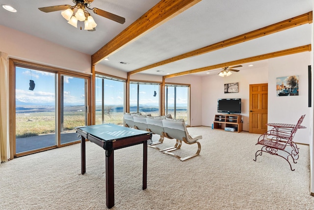 recreation room with visible vents, beam ceiling, light carpet, ceiling fan, and recessed lighting