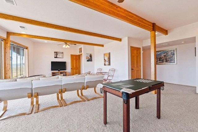rec room featuring ceiling fan, carpet floors, recessed lighting, beamed ceiling, and visible vents