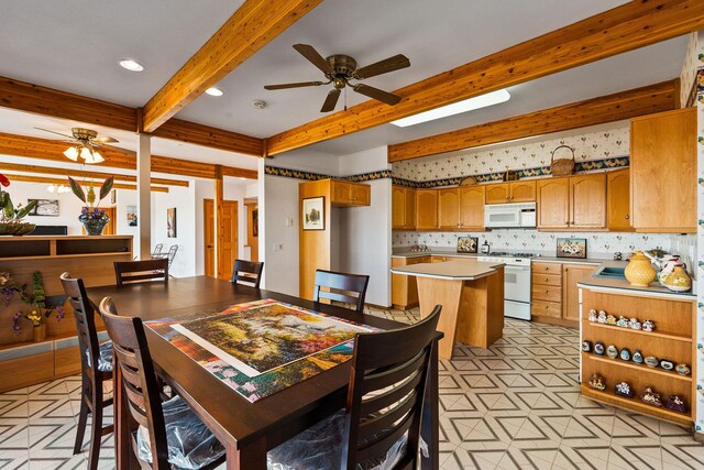 dining space featuring light floors, beamed ceiling, a ceiling fan, and recessed lighting