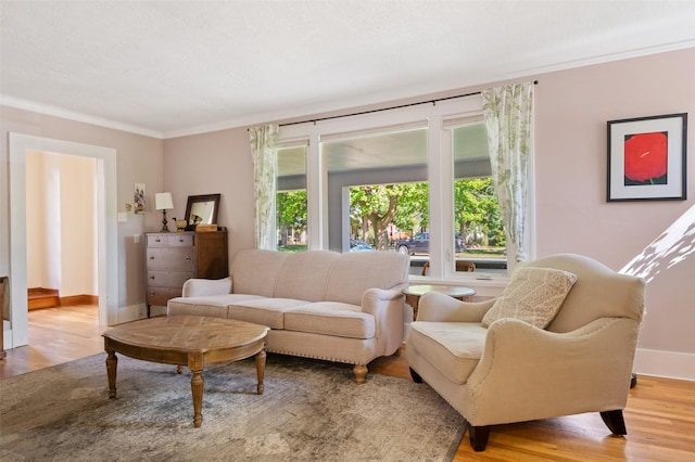 living room with baseboards, ornamental molding, and light wood-style flooring