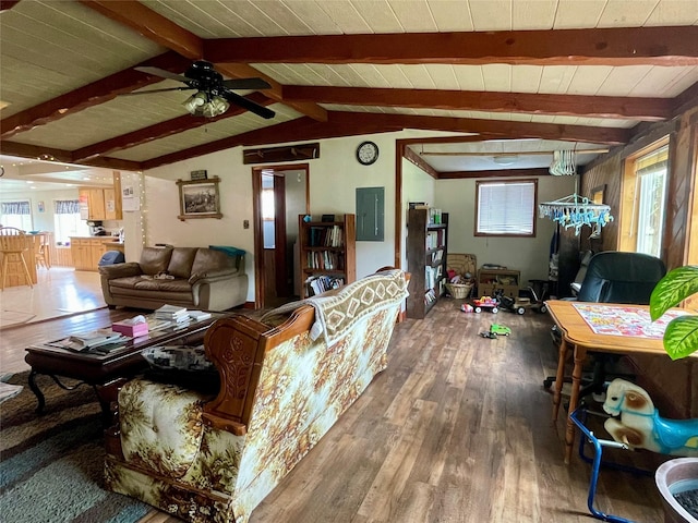 living area featuring ceiling fan, wood-type flooring, vaulted ceiling with beams, wood ceiling, and electric panel