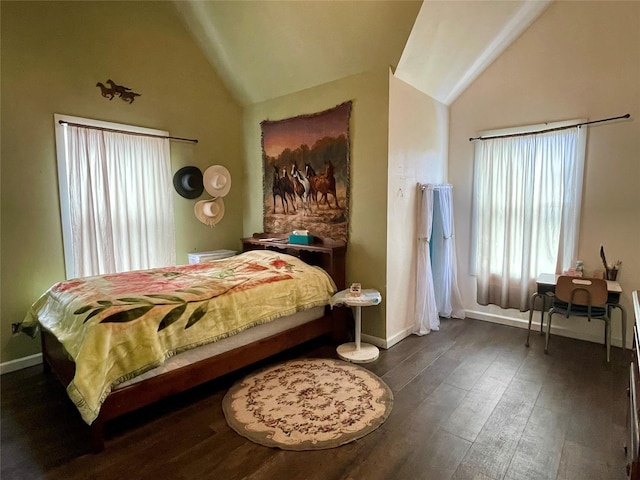 bedroom featuring multiple windows, baseboards, dark wood-style floors, and lofted ceiling