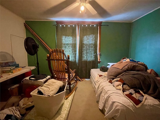 bedroom featuring carpet floors and crown molding